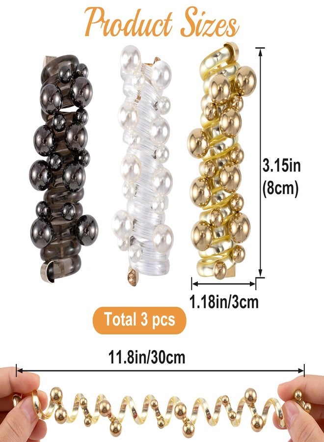 SmallCat 3PCS Spiral Hair Ties with Beads, Pearl Phone Cord Shape Bands, Elastic Rubber Ponytail Holders for Women, No Crease Hairstylist Accessories for Long Curly Hair-Gold Black White Pearl - Image 2
